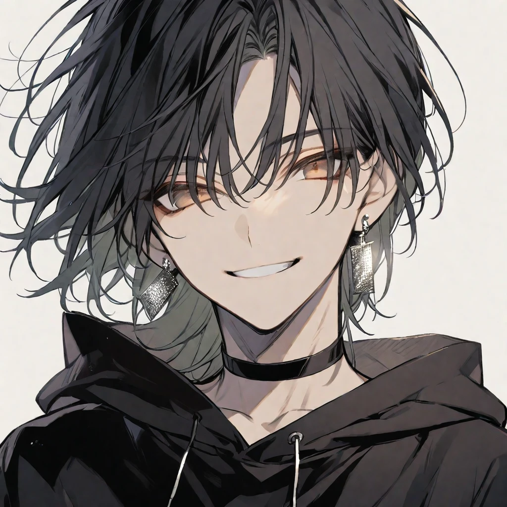 solo, handsome, monotone,
1. male, cigarette,
Hime cut,Straight Hair,Bob Hair, ponytail,
black hair,
Nakano Yotsuba,
brown Eyes,Soft look,beautiful,beautiful,Sexy,Darkness,Lots of silver earrings,choker,
black hoodie ,smile,skin,
simple background,