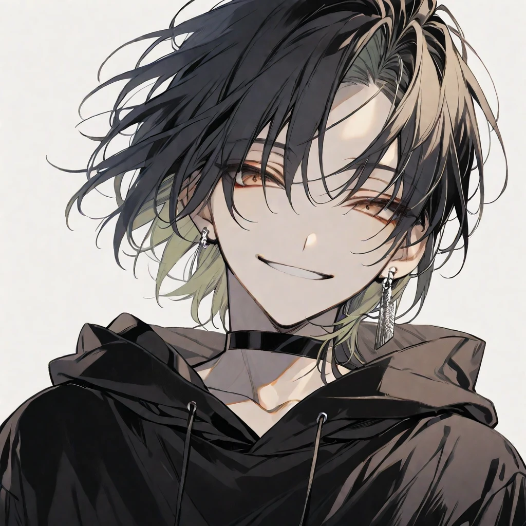 solo, handsome, monotone,
1. male, cigarette,
Hime cut,Straight Hair,Bob Hair, ponytail,
black hair,
Nakano Yotsuba,
brown Eyes,Soft look,beautiful,beautiful,Sexy,Darkness,Lots of silver earrings,choker,
black hoodie ,smile,skin,
simple background,