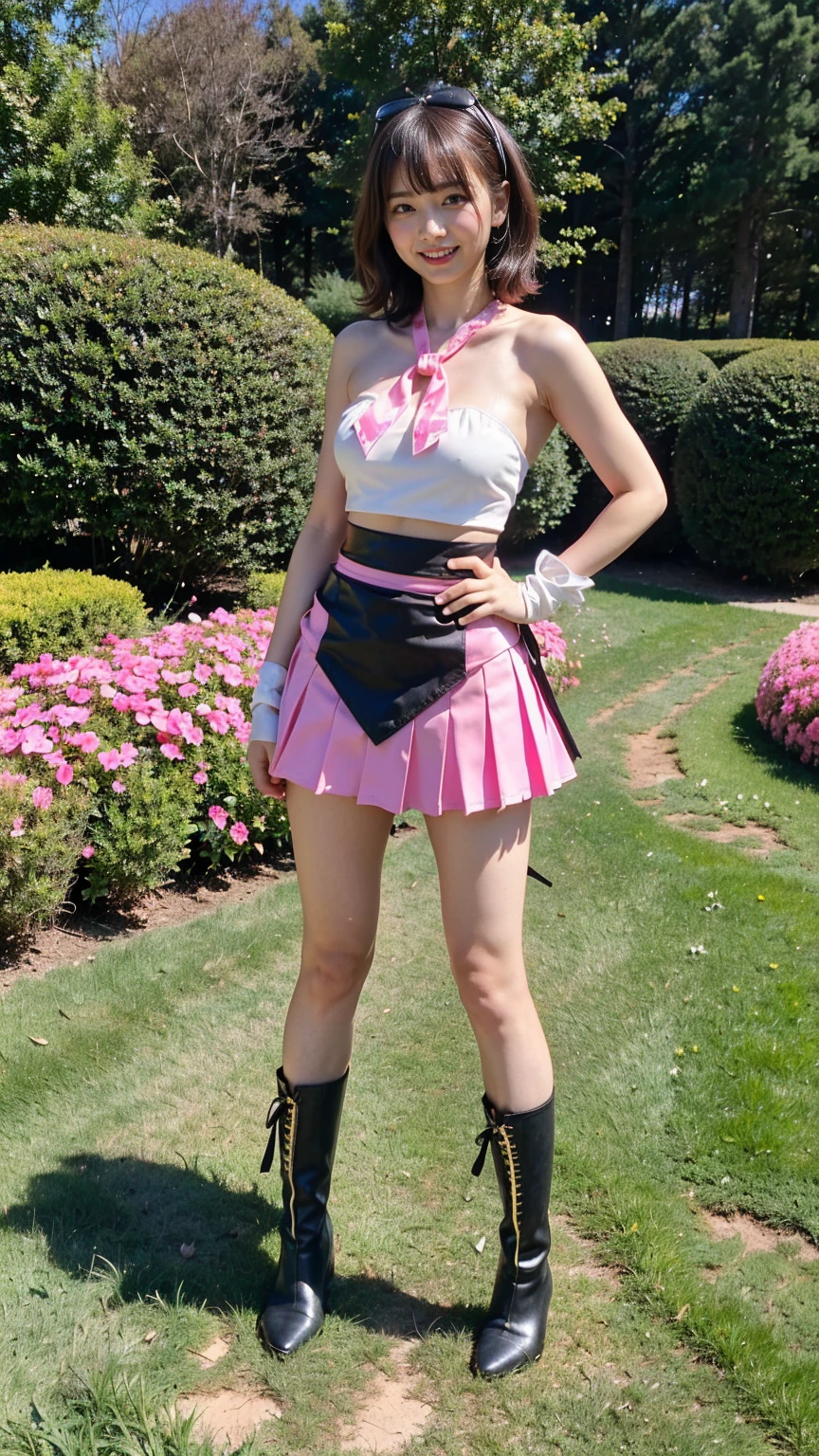 (8K、RAW Photos、Highest quality、masterpiece:1.2)、(Highest quality、Realistic)、1 Girl、((ribbon、Tube top、Medium Hair、Big Breasts、Breast enlargement、smile、Pink and black、mini skirt、Thin legs、whole body、boots、garden、View from the front、Looking into the camera、Idol Costume、Stand with hands on hips))、cute