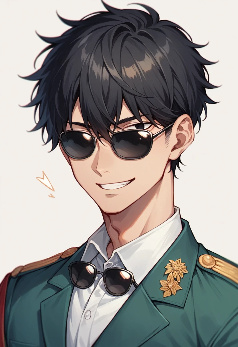 1 boy, black hair large shoulder tied in a man bun , black eyes, clear skin, place sunglasses over your eyes, uniform school japanese, smiling