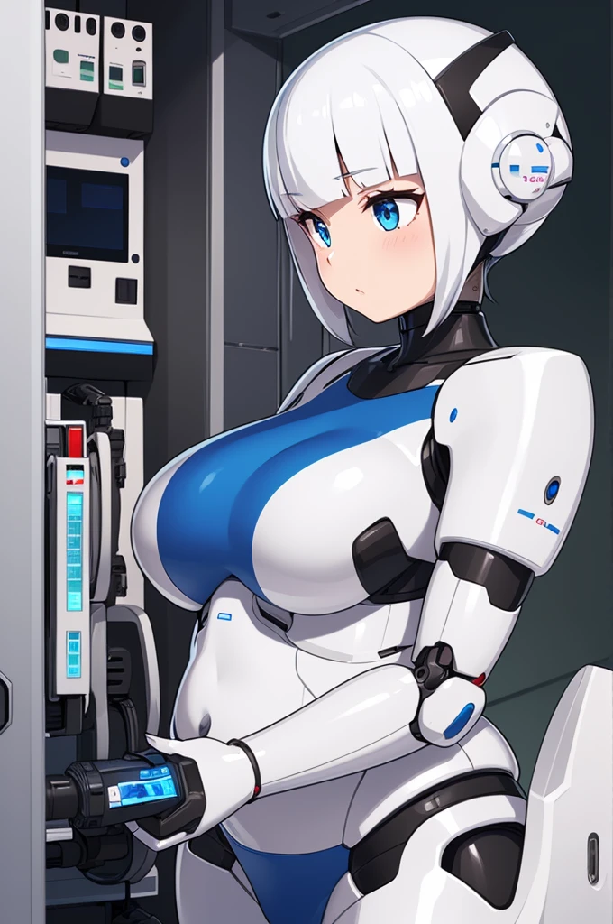 masterpiece, best quality, extremely detailed, Japanese android girl,Plump ,control panels,robot arms,robot,android,cyborg,white robot body,ceramic body,perfect robotgirl,blunt bangs,boxer,ring,glove,blue eyes