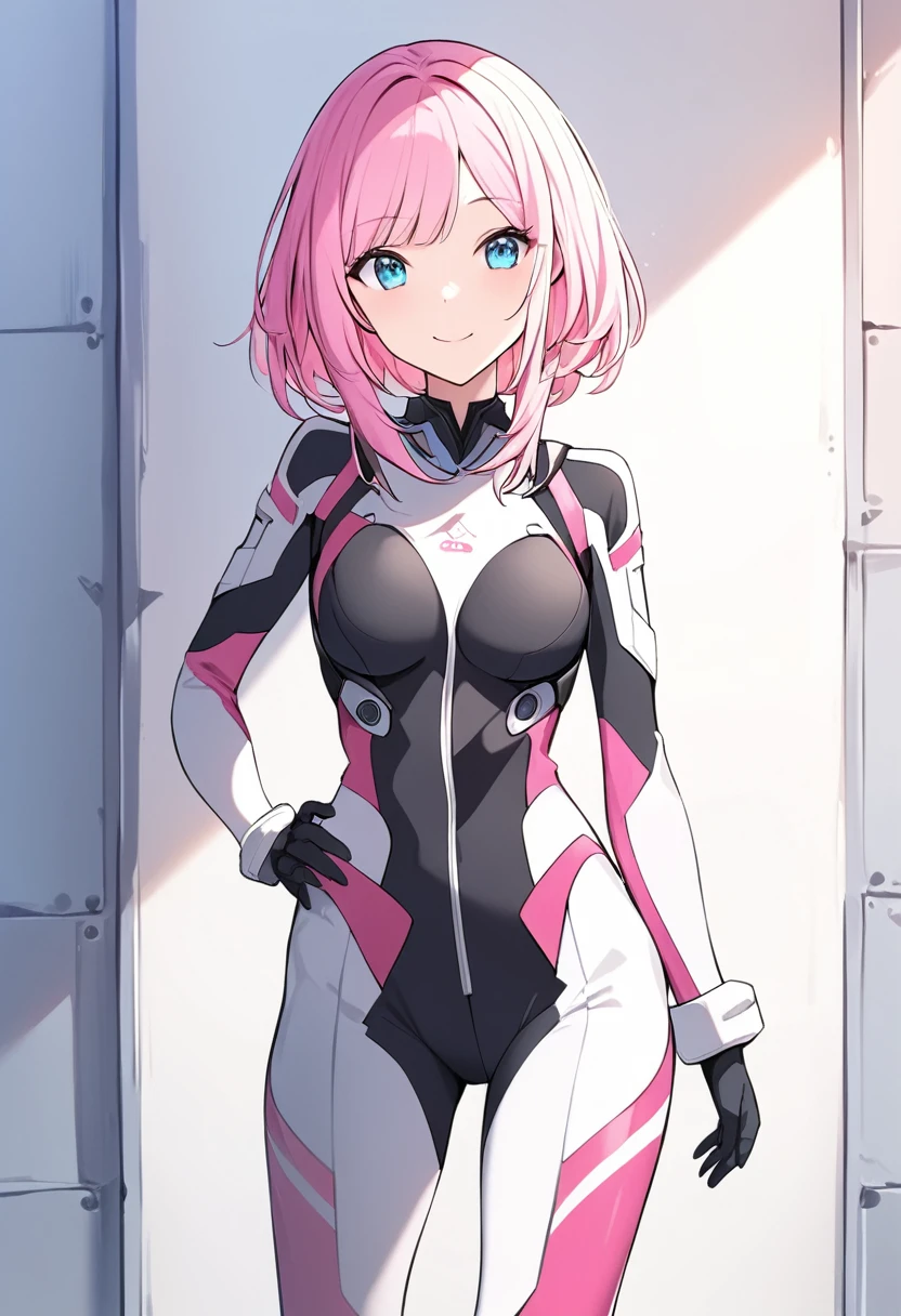 (masterpiece, top quality, very aesthetic, 4k、illustration), intricate detail, 1girl,Standing in front of a wall、(upper body)、happy smile、(multicolored hair)、animated painting
Cute 、pink hair、,middle hair,sidelock ,,blue eyes、pilot suit、Tight Suit、middle ,Slim 、
