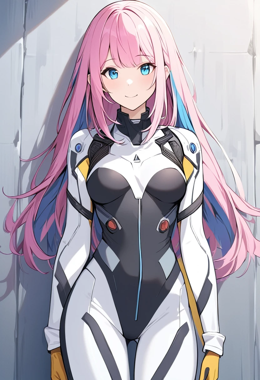 (masterpiece, top quality, very aesthetic, 4k、illustration), intricate detail, 1girl,Standing in front of a wall、(upper body)、happy smile、(multicolored hair)、animated painting
Cute 、pink hair、,middle hair,sidelock ,,blue eyes、pilot suit、Tight Suit、middle breasts,Slim 、