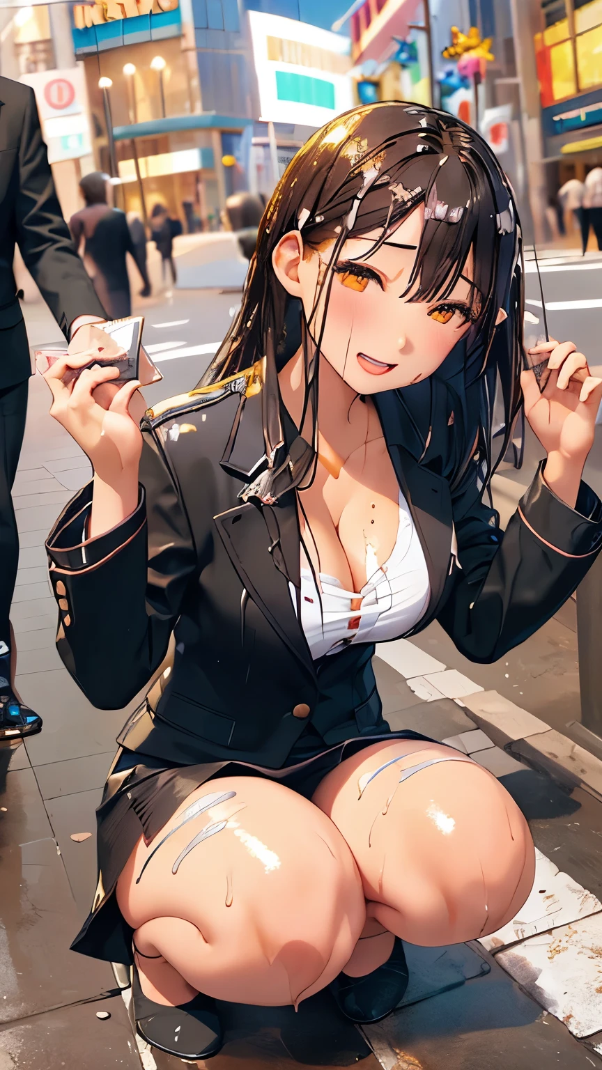 Highest,masterpiece,Highest品質,High resolution,high quality,Realistic,Medium Hair,Business Bags,Wet髪,Torn pantyhose,Black Skirt:1.5,High heels, Collared shirt,Cleavage,Black jacket,business suit:1.5,sit,Kneel,Pinch your hands between your thighs,Wet,Sweat,orgasm,Fair skin,Oily skin,ID card,White chocolate:1.5,orgasm:1.2