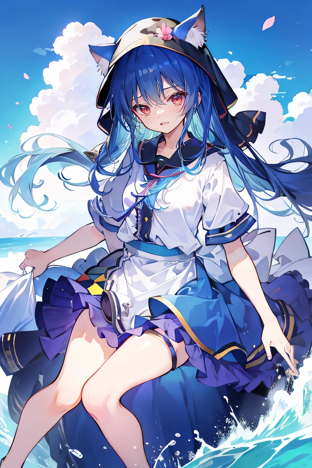 (masterpiece:1.2),Super detailed,lifelike,Expressive eyes,fair skin,perfect face shape,1 girl,
Japanese comics,Gorgeous blue hair,flowing blue hair,flowing clothes,Cat ears,Petals fall,beautiful lola,Baby Angel,
Shaking head with one hand,Cross your legs,Gentle and peaceful background,,smile, wearing hoodie, Clear sky,seaside,Clear blue sky,Clear World。
