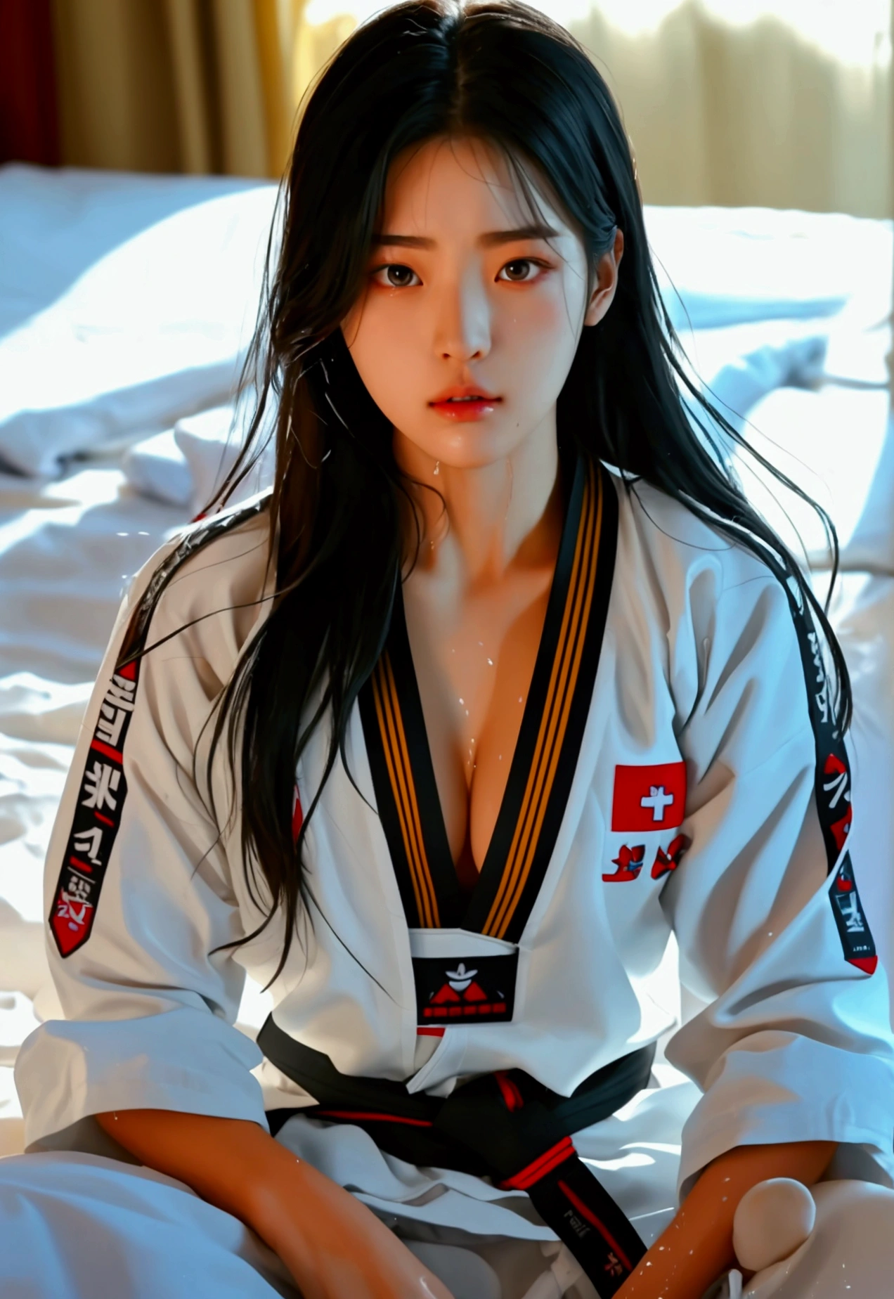 masterpiece, ultra details, best quality, 1 korean taekwondo girl, masterpiece, ultra details, best quality, black long straight hair, wearing sweaty white World Taekwondo Federation dobok uniform with black v-neck, wearing taekwondo blackbelt, wearing white martial arts pants without pockets, large sweaty butt, large breasts, laying on wet hotel bed showing butt, sweat on face