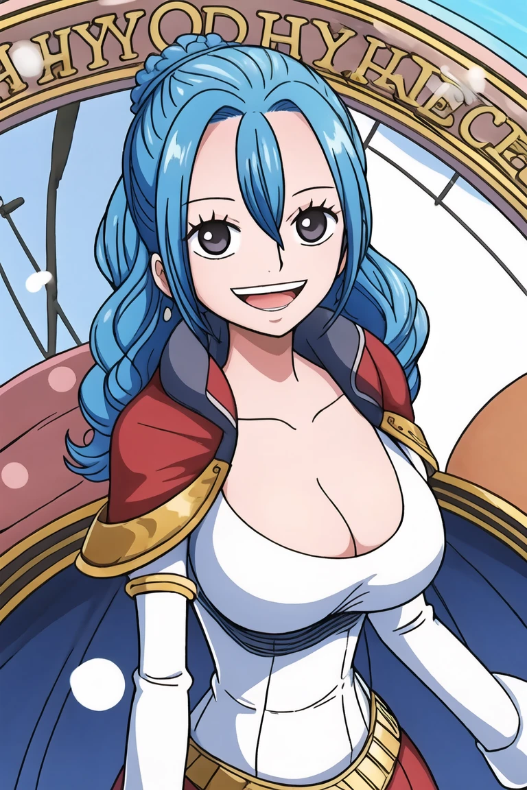 1girl, smile, close up, castel, blue hair,happy, room, big breasts, grey eyes, cleavage,