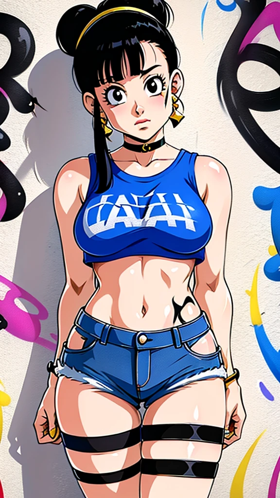 masterpiece, best quality, 1girl, solo, crop top, denim shorts, choker, (graffiti:1.5), arms behind back, against wall, looking at viewer, armband, thigh strap, head tilt, bored, black hair, Black eyes, headset, chichi.