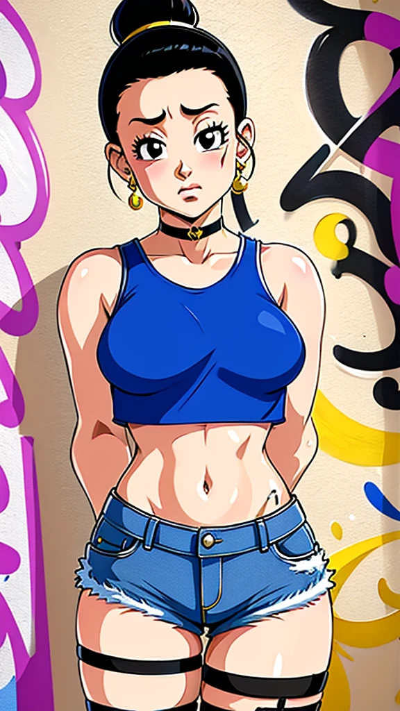 masterpiece, best quality, 1girl, solo, crop top, denim shorts, choker, (graffiti:1.5), arms behind back, against wall, looking at viewer, armband, thigh strap, head tilt, bored, black hair, Black eyes, headset, chichi.
