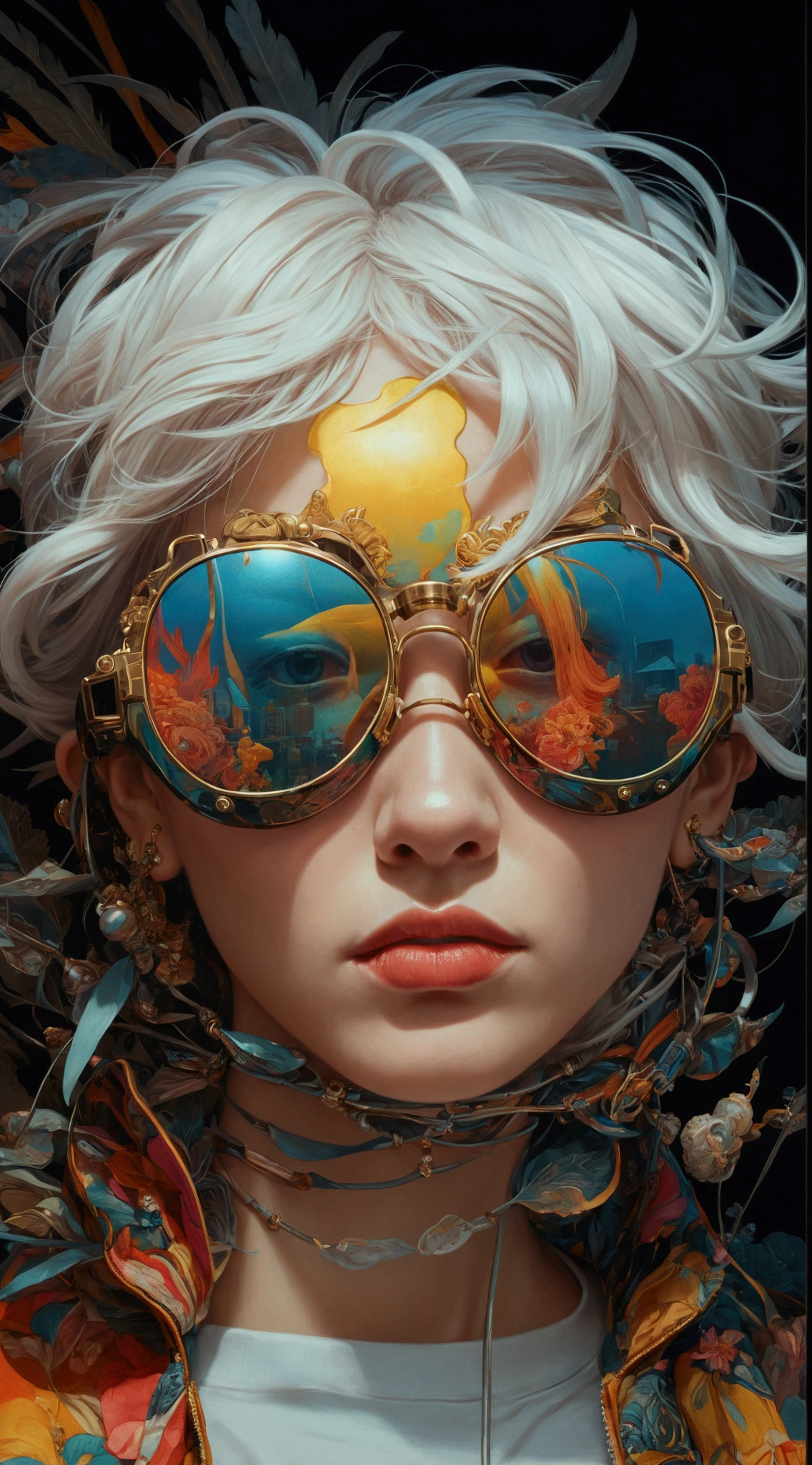 Wear sunglasses、Blonde woman with colorful hair and a headdress, artwork in the style of Gwaiz, Beeple and James Jean, Gwaiz masterpiece, Rococo Cyberpunk, James Jean and Urop, Wallop and Krentz Kuschaert, Gwaiz, Complex, Greg Beeple, Inspired by Yanjun Chen, Lostrun 8k