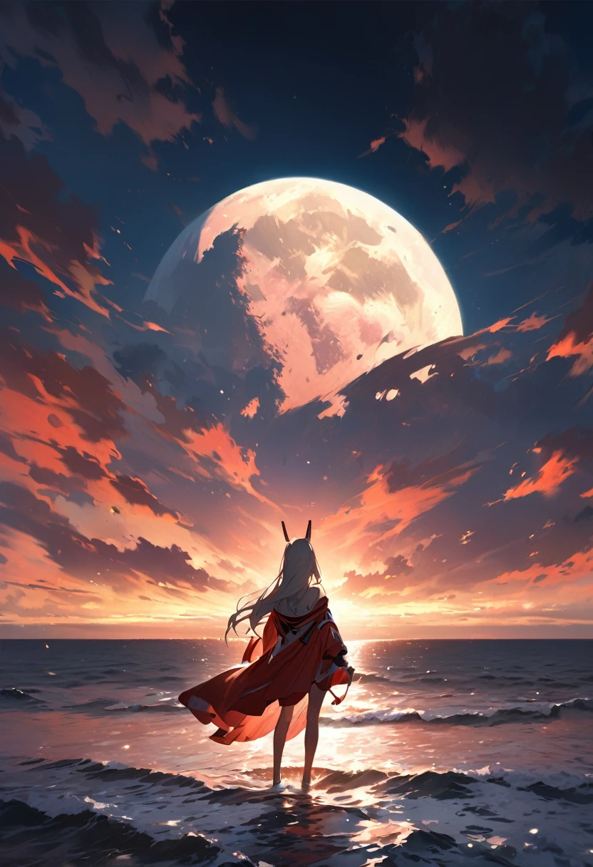 Rei Ayanami standing on the red sea with the moon in the background。
In an Evangelion-like worldview、Photorealistic look。The atmosphere is dark fantasy
