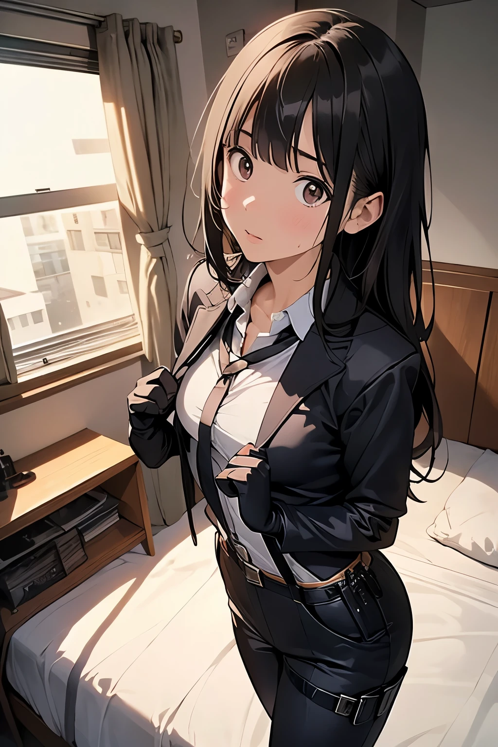 1 female, , high quality, masterpiece, Ultra-high resolution, , Cinema Lighting, , , And the suspenders with the cranes flying Moderate breasts Small face holster Lying in bed Looking up Sweat belt summer 脇Sweat Black Hole Gloves suit shirt Black jacket Black trousers Leg Links ズボンにbelt holster Hands behind your back Anxious expression Looking up Anxious face, legs apart