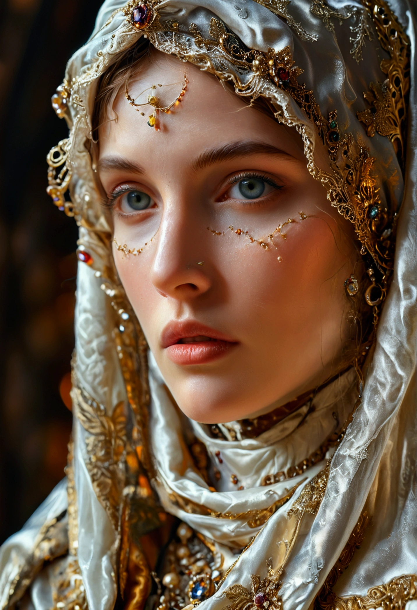 intricate detailed portrait of a holy woman, saint wearing a veil, realistic, photorealistic, detailed facial features, beautiful piercing eyes, high quality, 8k, masterpiece, renaissance style, oil painting, chiaroscuro lighting, warm color palette, dramatic lighting, dramatic pose, medieval setting, religious iconography, ornate details, jewel-toned colors, baroque style