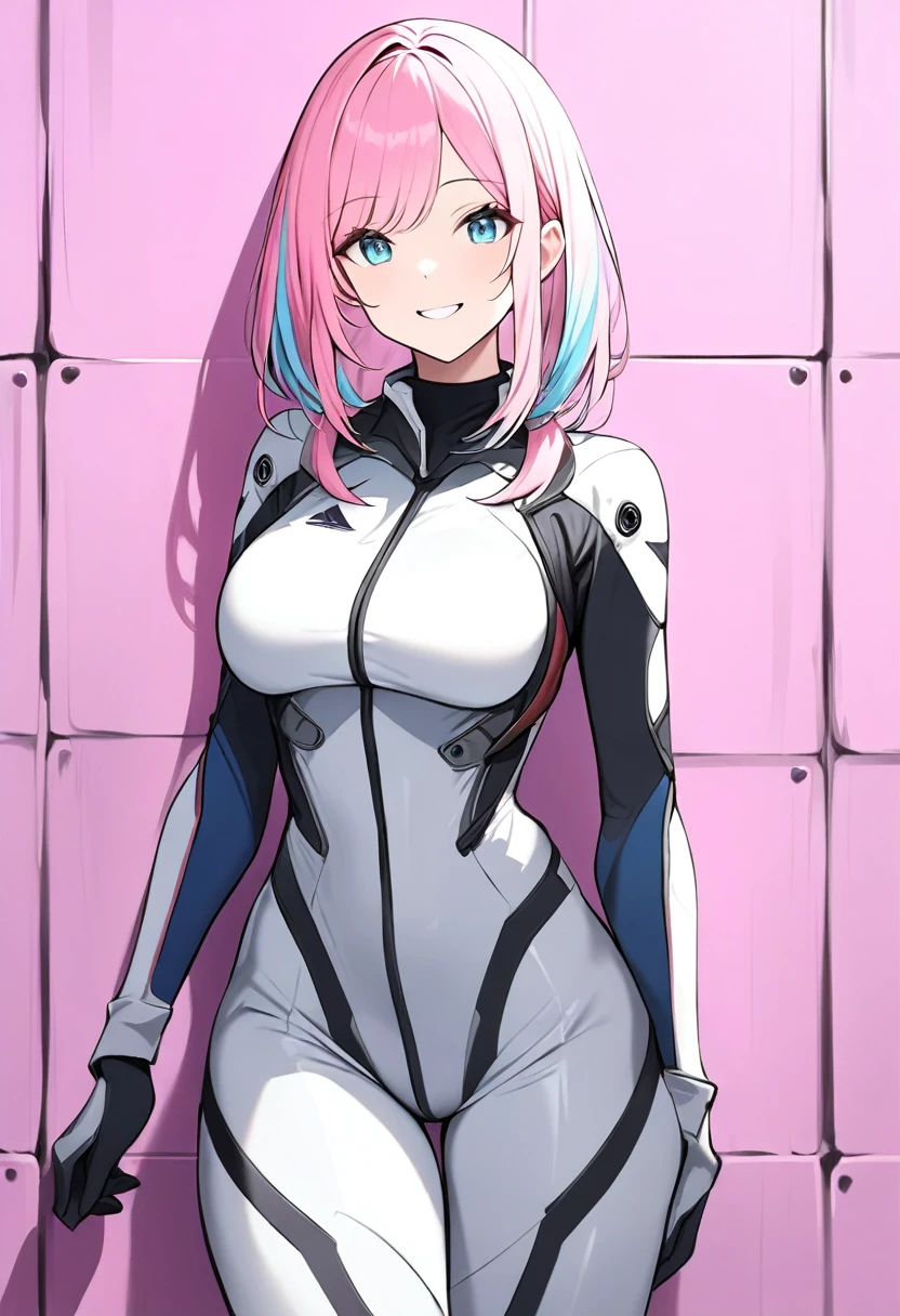 (masterpiece, top quality, very aesthetic, 4k、illustration), intricate detail, 1girl,Standing in front of a wall、(upper body)、happy smile、(multicolored hair)、
Cute 、pink hair、,middle hair,sidelock ,,blue eyes、pilot suit、Tight Suit、middle breasts,Slim 、