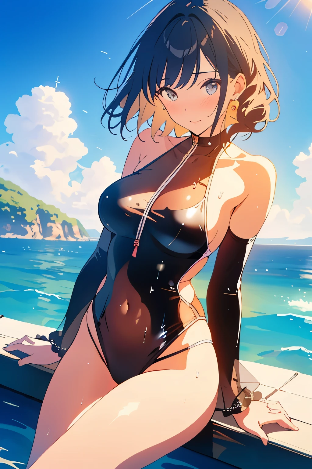 ((Lying on a rubber floating on the sea)), ((rash guard)), ((swimsuit sides see-through)), (((swimsuit a vivid_color))), liulixl, iridescence, organza,, skindentation, skinny, solo, 1 woman, Masterpiece, highest quality, highest quality, 16K, incredibly absurd, highly detailed, 2.5D, ai-generated, delicate and dynamic, very delicate facial expressions, delicate eye depiction, erotic, only sexy woman, ((A cute and kind face)), healthy figure, 25-year-old woman, bride, 155cm tall, medium firm swaying bust, (dark hair), black eye, Sweat, Embarrassed, sexy, ((thin thighs)), (camel toe:0.8), (Erect nipples:0.7), facing straight at viewer, ((Oily_skin)), sweaty skin, wet skin, dutch angle, ((sexy pose)), Dynamic poses, ((Summer Sea)), Strong sunlight, ((sexy pose)), ((Lying)), ((On the open sea)), Knee Up,
