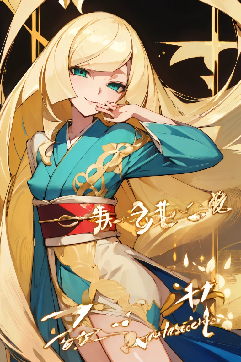 ((Highest quality)), ((masterpiece)), (Familiar), Lusamine,thin,Long blonde hair,Small breasts,Small breasts,Erect nipples,Adult female,Green Eyes,Slanted Eyes,kimono,華麗な赤いkimono,Gold embroidery,hairpin,Captivating smile