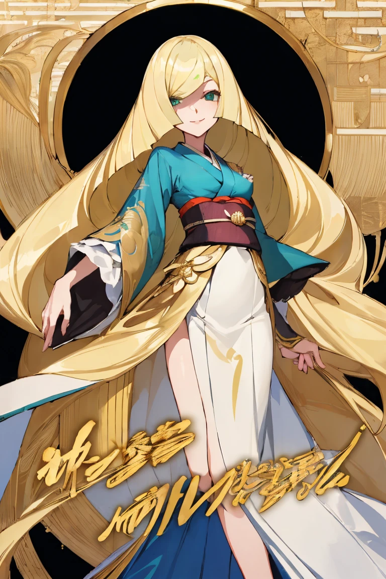 ((Highest quality)), ((masterpiece)), (Familiar), Lusamine,thin,Long blonde hair,Small breasts,Small breasts,Erect nipples,Adult female,Green Eyes,Slanted Eyes,kimono,華麗な赤いkimono,Gold embroidery,hairpin,Captivating smile