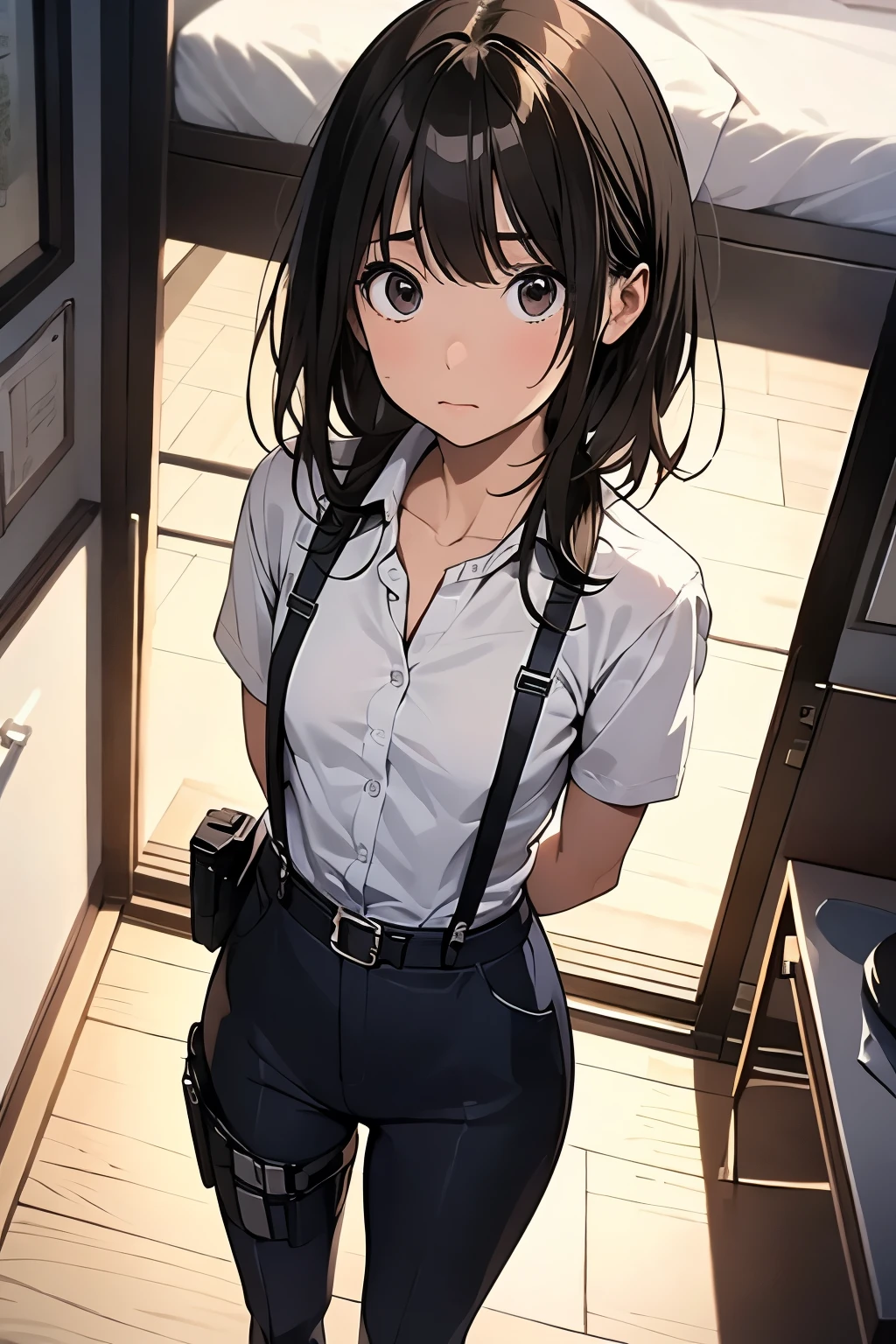 1 female, , high quality, masterpiece, Ultra-high resolution, , Cinema Lighting, , , And the suspenders with the cranes flying　　　Large Breasts　 　 　　　　Small face　 　　　holster　　　　　　　 Lying in bed　Looking up　　　　Sweat 　　　belt　summer　脇Sweat 　Black Hole Gloves　suit　shirt　　Black jacket　 Black trousers　Leg Links　ズボンにbelt　　holster　 　　Hands behind your back　 Anxious expression　Looking up　Anxious face, legs apart　Armament　Handgun　handcuffs　Cable ties　レッグholster　holster　See-through clothing　heavy rain　Getting wet in the rain