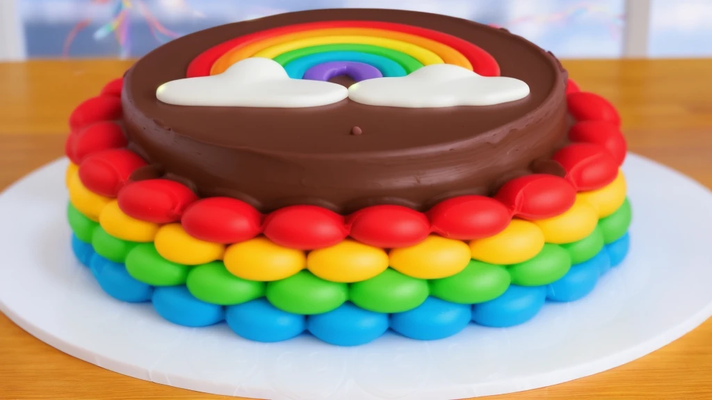 on a wooden table, on a white plate, a chocolate cream cake, candy candies around the cake, a cloud and a rainbow made of polymer clay on the cake, window light, bright lights, soft light, window light, professional lighting, light from the window, neat light, realistic texture, realistic style, detailed texture, high quality, high resolution, high quality rendering, realistic photo, brightning light, macro photo