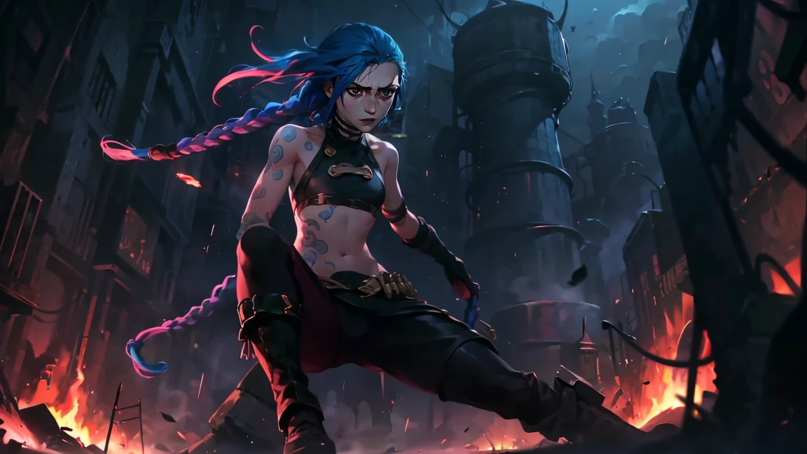 (masterpiece, Best quality), 1 girl, portrait very detailed face,, very sexy, crazy look, smile, crying, pink tears, tears on the cheeks, tears from eyes, full length (full body 1.1.), очень feminine, fighting stance, battle, fire, explosions, burning city, Beautiful waist, gloomy composition, flame, fire, Flash, very beautiful, feminine, long hair, hair braided in long braids, very sexy, tight leather pants, emphasis on the eyes, emphasis on the face, Beautiful face, Hands, Hair, Haired ponytail, red purple eyes, Джинкс crying, Blue cloud tattoo, (masterpiece, Best quality), Side lighting, beautiful detailed eyes, crazy face), (Best quality), (masterpiece), magic photography, Spectacular lighting, Photorealism, ultra detailed, intimate portrait composition, 1. 4,8 k UHD, aesthetic, Cd., A high resolution, 8 k, better lighting, Best shade, Ultra-HD, A high resolution, sharp focus, Complex background, Cinematic lighting, ((Landscape view)), 4K block, (better lighting), ((Cinematic lighting)),
