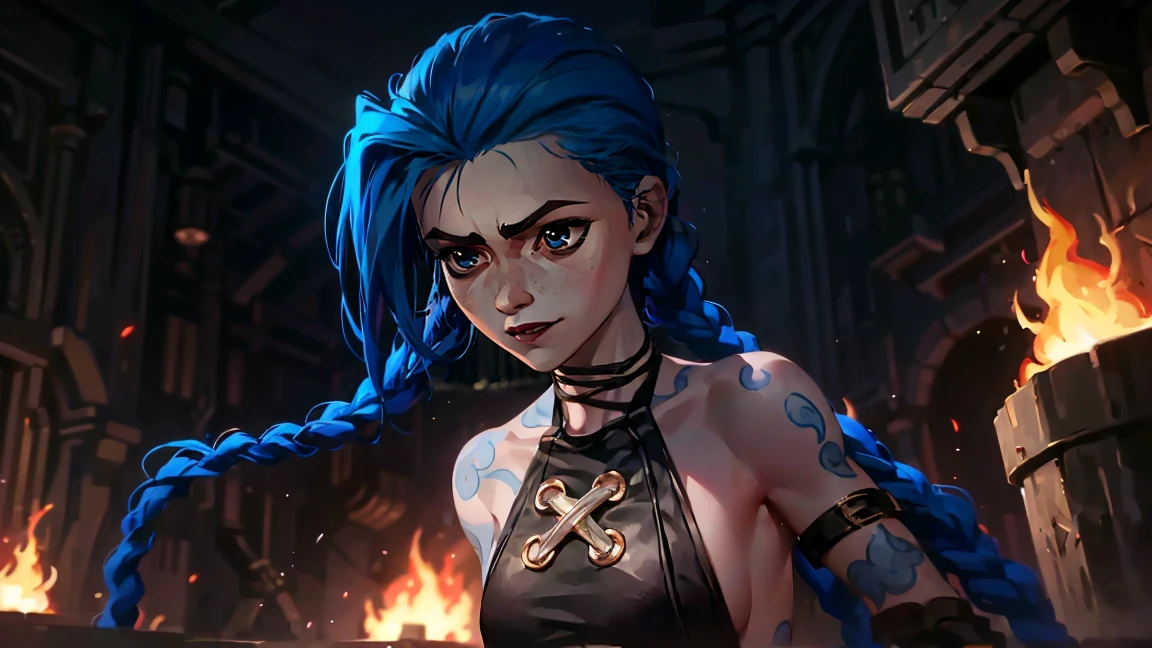 (masterpiece, Best quality), 1 girl, portrait very detailed face,, very sexy, crazy look, smile, crying, pink tears, tears on the cheeks, tears from eyes, full length (full body 1.1.), очень feminine, fighting stance, battle, fire, explosions, burning city, Beautiful waist, gloomy composition, flame, fire, Flash, very beautiful, feminine, long hair, hair braided in long braids, very sexy, tight leather pants, emphasis on the eyes, emphasis on the face, Beautiful face, Hands, Hair, Haired ponytail, red purple eyes, Джинкс crying, Blue cloud tattoo, (masterpiece, Best quality), Side lighting, beautiful detailed eyes, crazy face), (Best quality), (masterpiece), magic photography, Spectacular lighting, Photorealism, ultra detailed, intimate portrait composition, 1. 4,8 k UHD, aesthetic, Cd., A high resolution, 8 k, better lighting, Best shade, Ultra-HD, A high resolution, sharp focus, Complex background, Cinematic lighting, ((Landscape view)), 4K block, (better lighting), ((Cinematic lighting)),