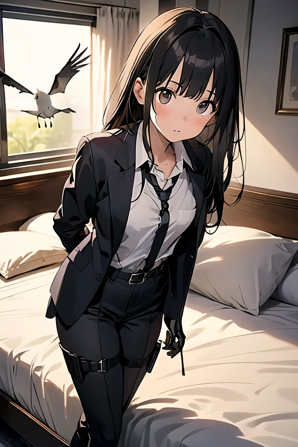 1 female, , high quality, masterpiece, Ultra-high resolution, , Cinema Lighting, , , And the suspenders with the cranes flying　　　Moderate breasts　 　 　　　　Small face　 　　　holster　　　　　　　 Lying in bed　Looking up　　　　Sweat 　　　belt　summer　脇Sweat 　Black Hole Gloves　suit　shirt　　Black jacket　 Black trousers　Leg Links　ズボンにbelt　　holster　 　　Hands behind your back　 Anxious expression　Looking up　Anxious face, legs apart　