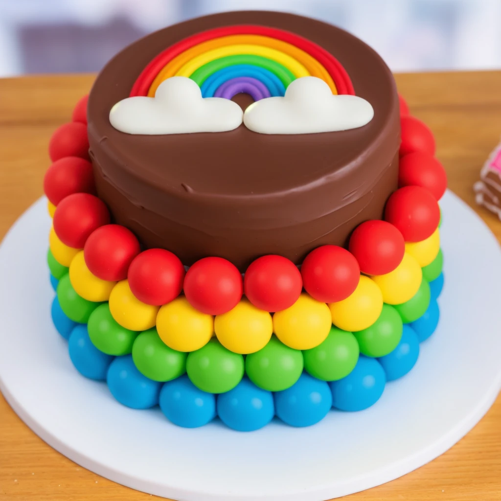on a wooden table, on a white plate, a chocolate cream cake, candy candies around the cake, a cloud and a rainbow made of polymer clay on the cake, window light, bright lights, soft light, window light, professional lighting, light from the window, neat light, realistic texture, realistic style, detailed texture, high quality, high resolution, high quality rendering, realistic photo, brightning light, macro photo
