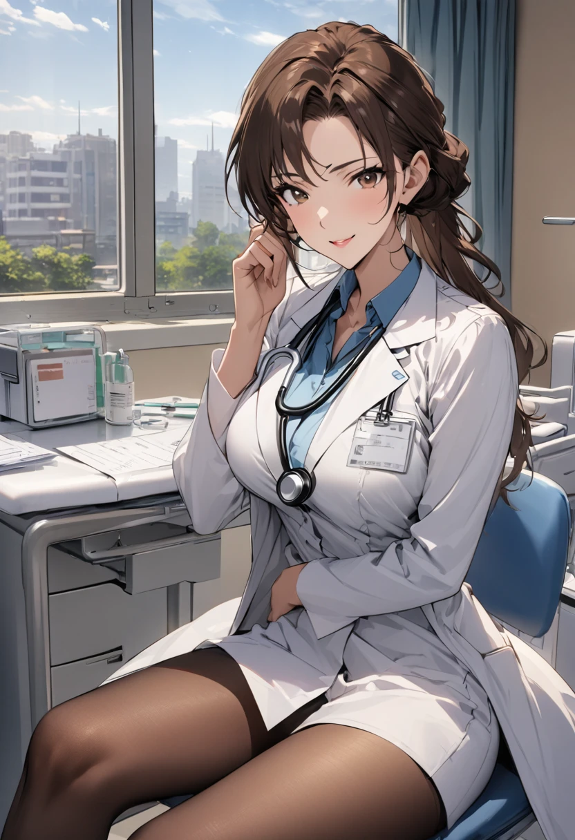 1lady solo, sitting, (looking at viewers), (white lab coat) stylish outfit, mature female, /(dark brown hair/) bangs, kind smile, (masterpiece best quality:1.2) delicate illustration ultra-detailed, large breasts, pantyhose, /(stethoscope around neck/) BREAK (hospital examination room) indoors, work desk, detailed background