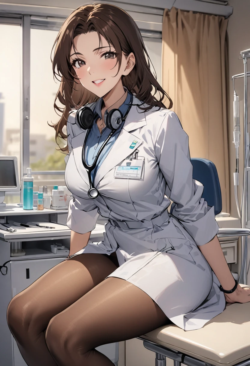 1lady solo, sitting, (looking at viewers), (white lab coat) stylish outfit, mature female, /(dark brown hair/) bangs, kind smile, (masterpiece best quality:1.2) delicate illustration ultra-detailed, large breasts, pantyhose, /(stethoscope around neck/) BREAK (hospital examination room) indoors, work desk, detailed background