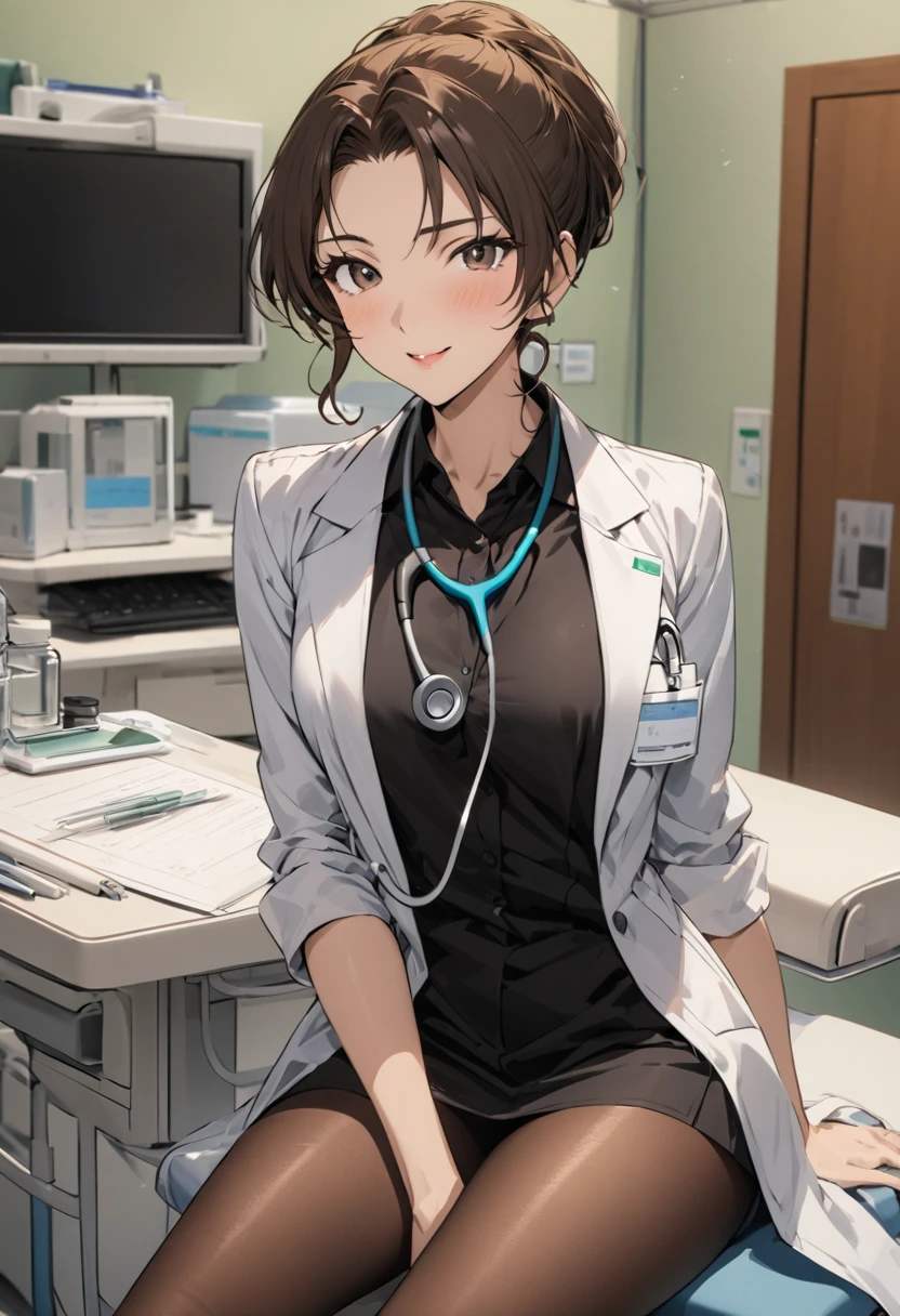 1lady solo, sitting, (looking at viewers), (white lab coat) stylish outfit, mature female, /(dark brown hair/) bangs, kind smile, (masterpiece best quality:1.2) delicate illustration ultra-detailed, large breasts, pantyhose, /(stethoscope around neck/) BREAK (hospital examination room) indoors, work desk, detailed background