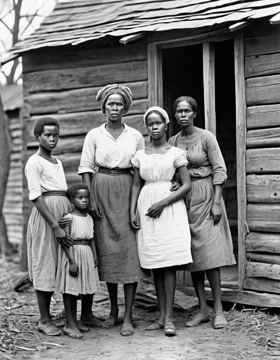 Black and white photography, A black slave family during the American Civil War, parents, and three young children, shack, HI detailed skin, (foreshortening, Canon, anatomically correct, super detail, high details, highness,