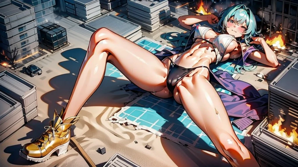 Giantess with firm , long sexy legs, yellow hair and in bikini is lying on the ground, while the city at her feet burns in flames for the destruction she has caused, while people run away from her, so as not to die crushed by her heels. Giantess, goddess, macrophilia, curvaceous body, hentai, fetish, sexy legs, bikini, high heels, high quality