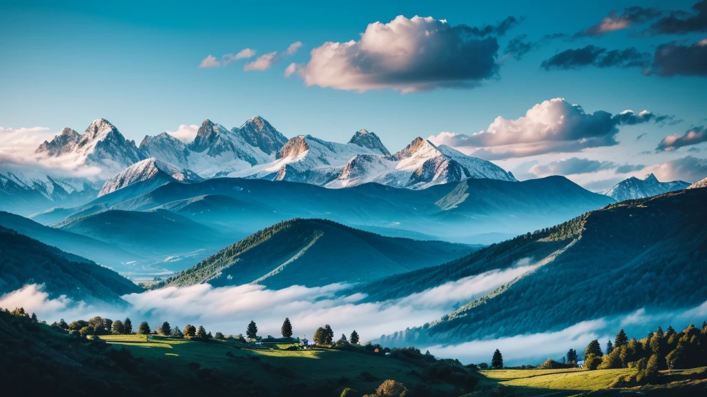 landscape with blue silhouettes of mountains, hills and forest and sky with clouds and birds