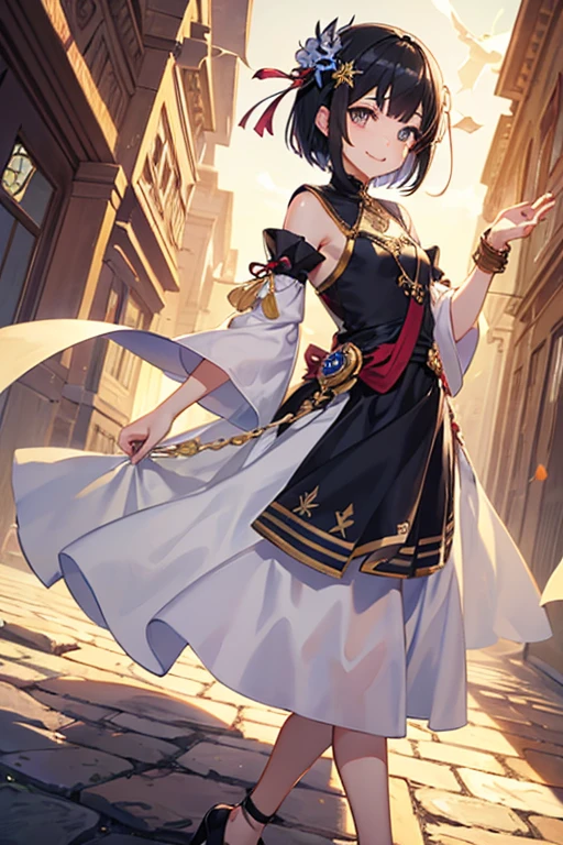 Highest quality、Black Hair、Iris、short hair、girl、cute、、、Small hair ornament、1 person、Deserts and pyramids、Ethnic dresses、princess、smile