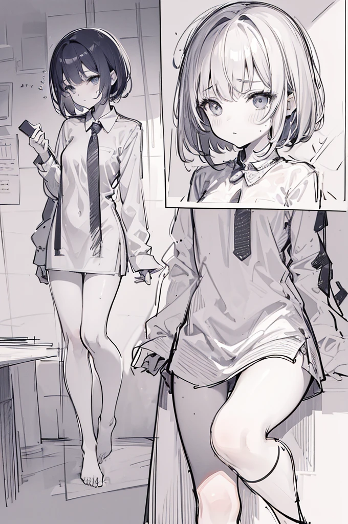 short girl, small breasts, 1 girl, shower, suggestive pose, close up, wet,, multiple views, pencil sketch, (sketch:1.25), best quality, Line draft, highres, (ultra-detailed:1.1), (illustration:1.1), (infographic:1.2), (solo), perfectly drawn hands, standing, cohesive background, paper, action, (character design:1.1)