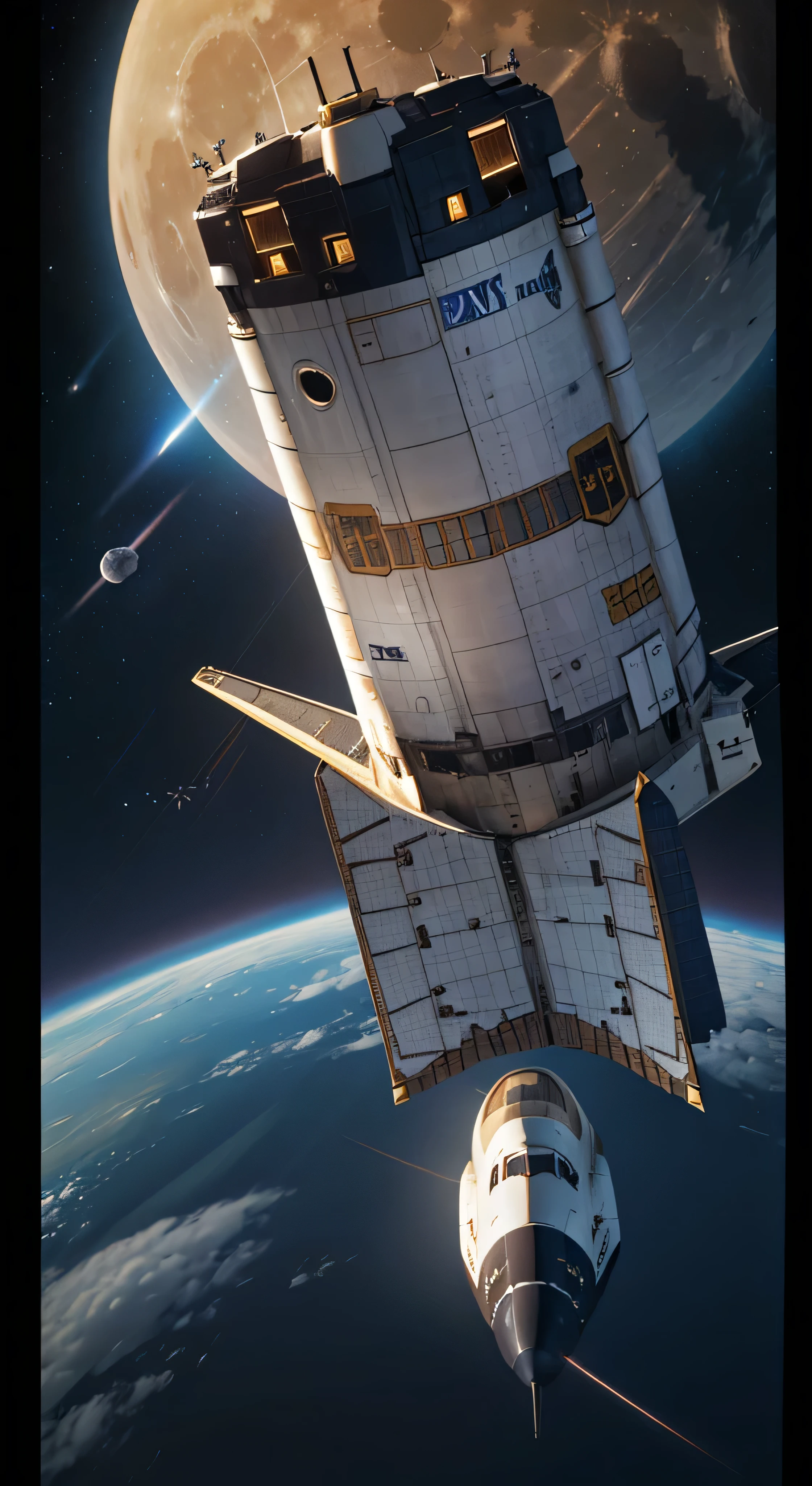 with high definition images，A scene from a movie，A magnificent image of the space shuttle orbiting the moon