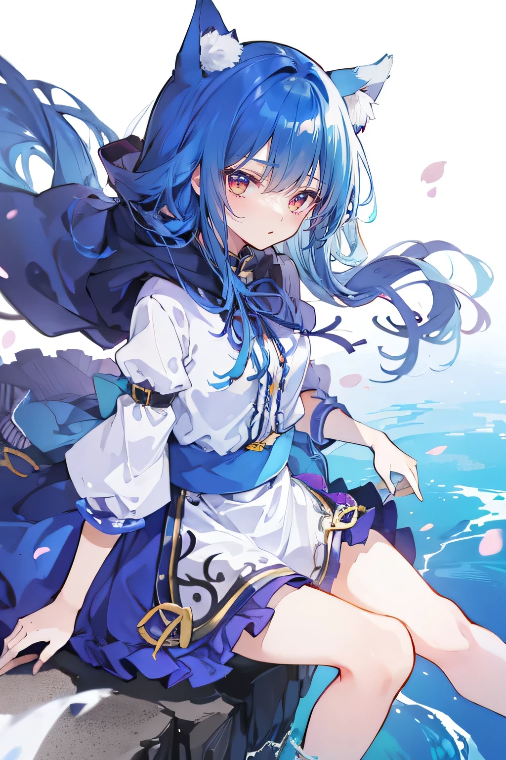 (masterpiece:1.2),Super detailed,lifelike,Expressive eyes,fair skin,perfect face shape,1 girl,
Japanese comics,Gorgeous blue hair,flowing blue hair,flowing clothes,Cat ears,Petals fall,beautiful lola,Baby Angel,
Shaking head with one hand,Cross your legs,Gentle and peaceful background,,smile, wearing hoodie, Clear sky,seaside,Clear blue sky,Clear World。