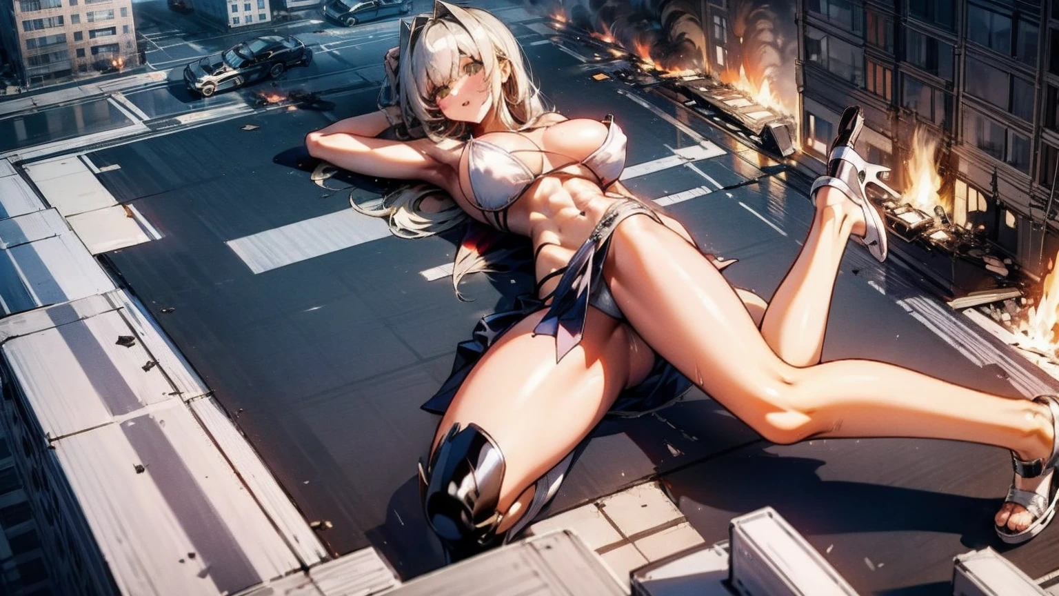 Giantess with firm , long sexy legs, yellow hair and in bikini is lying on the ground, while the city at her feet burns in flames for the destruction she has caused, while people run away from her, so as not to die crushed by her heels. Giantess, goddess, macrophilia, curvaceous body, hentai, fetish, sexy legs, bikini, high heels, high quality
