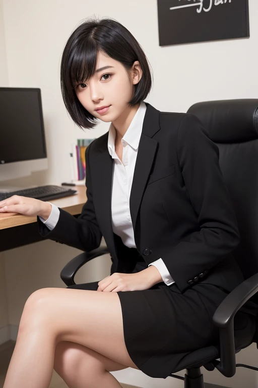 (High resolution:1.3), (16K, Realistic, RAW Photos, SNS Photos, Best image quality: 1.4), Japanese, (One Girl), Beautiful Face, (Lively Faces), (Black-haired、short hair:1.3), Beautiful Hairstyles, Realistic eyes, Beautiful and detailed eyes, (Realistic Skin), Beautiful skins, Charm, 超A high resolution, Surreal, High detail, Golden Ratio, Highly detailed cute girl,(20-year-old), office, Half naked, suit, Business Skirt、Sitting posture