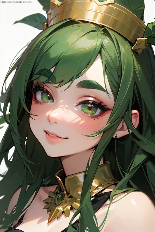 (Highest quality, masterpiece:1.2), High resolution, Very detailed, Realistic:1.37, Fantasy, An illustration, Green Eyes、Queen, Red and green swimsuit、Platinum decoration、beautifully、Eyeshadow Red、Thick eyebrows、Long eyelashes、pupils are black、Her hair is dark green、Gold crown、Kissing Face、Embarrassing、Beloved by the crowd、Hair is green、Braiding、hair ornaments、Laugh gently、Close one eye、Wink、Wink、From the waist up、bikini、