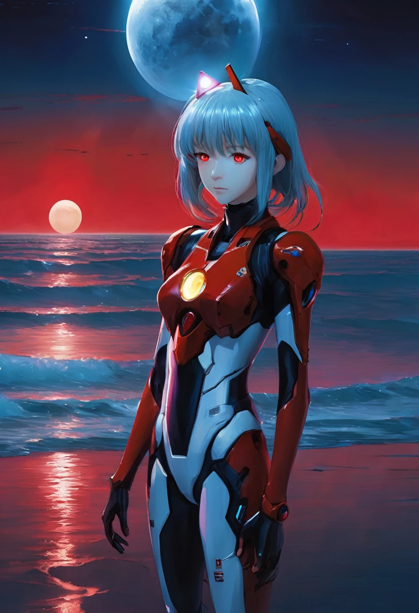 Pale girl with red eyes。Wearing a plug suit。Hair color is light blue。Standing on the red sea with the moon in the background。
In an Evangelion-like worldview、Photorealistic look。The atmosphere is dark fantasy