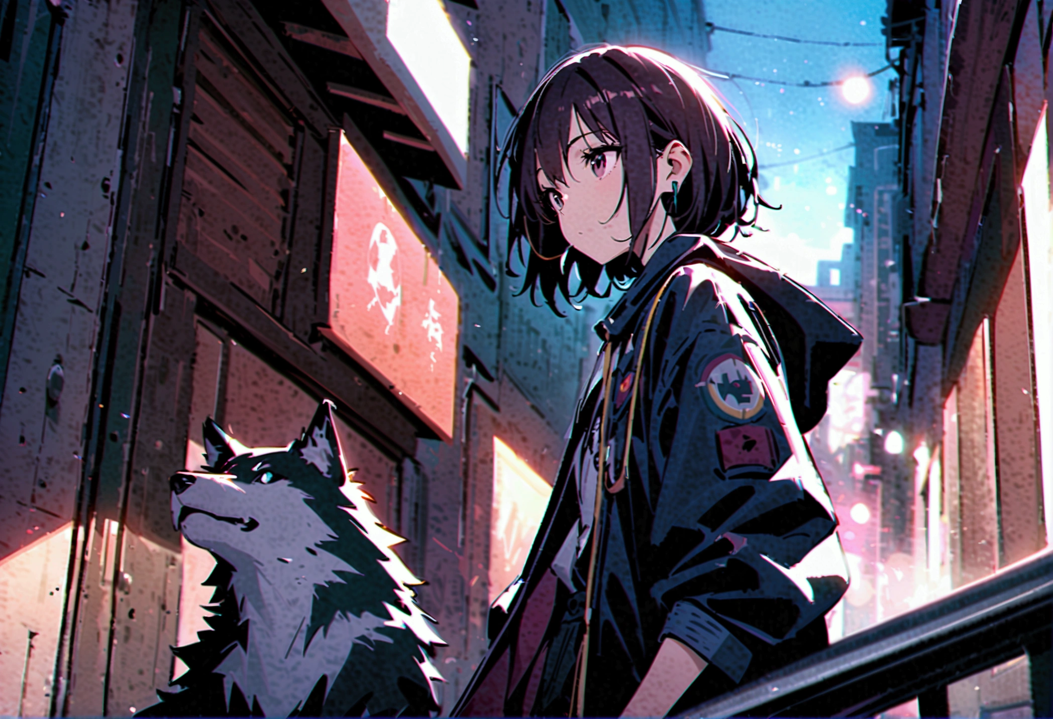 The background is a dark alley, 1 wolf, Overall dark atmosphere, Wearing earbuds, Black Hair, Dark Eyes, Medium Short Hair, Sleepy look, Oversized clothes,Look Away,Looking Up,