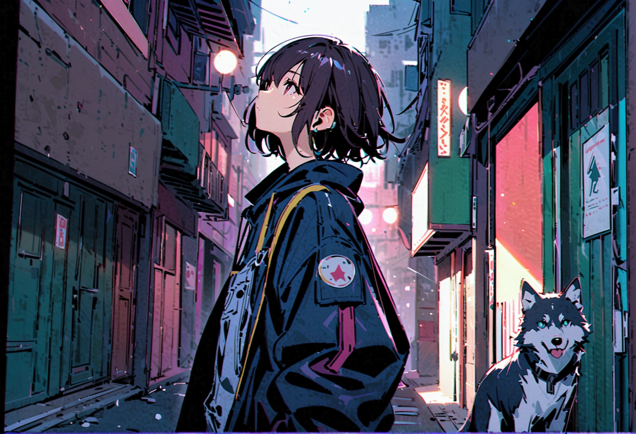 The background is a dark alley, 1 wolf, Overall dark atmosphere, Wearing earbuds, Black Hair, Dark Eyes, Medium Short Hair, Sleepy look, Oversized clothes,Look Away,Looking Up,