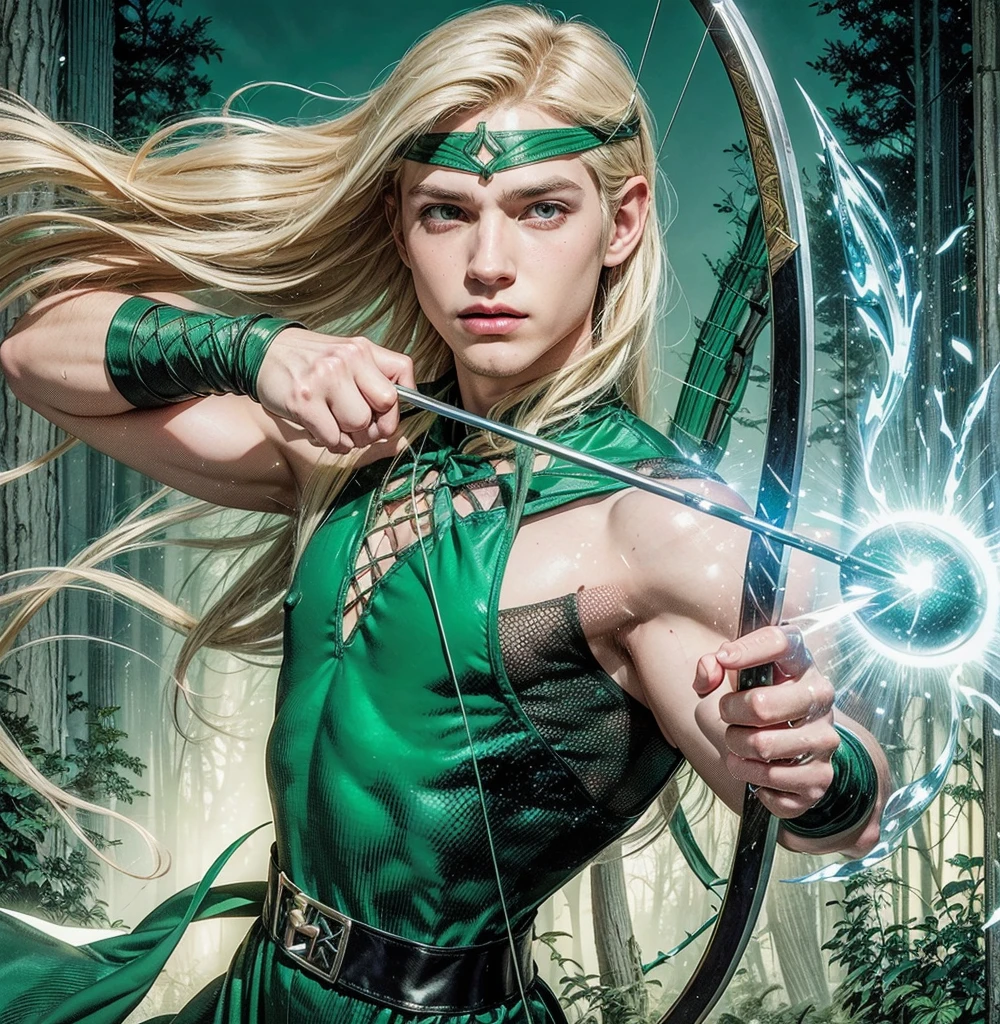 American classic comic book art: Man Magic elf young man ethereal delicate, long straight platinum blonde hair long, tight light green outfit dress sleeveless, tight fishnet stockings, magic archery, big butt, metal bracelets, emanating blue-green magic energy from arrow, green ribbon on forehead, covered neck, very young face man, forest, enchanted bow, delicate man archer, delicate male body, peach lipsprancing, classic comic book