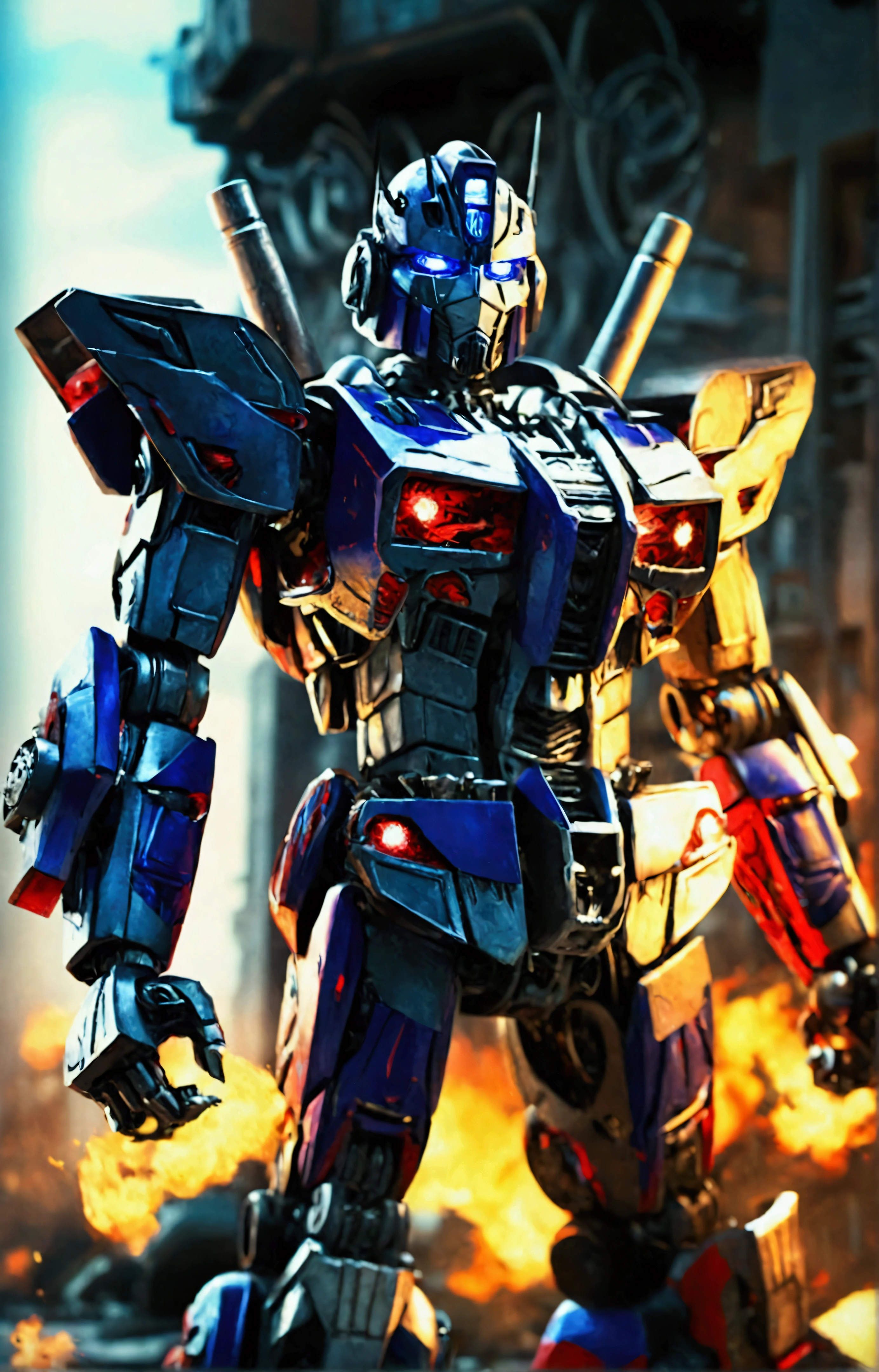 A highly detailed, photorealistic 3D render of Optimus Prime, the heroic Autobot leader from the Transformers universe, with an intricate dragon tattoo covering his body, (best quality,4k,8k,highres,masterpiece:1.2),ultra-detailed,(realistic,photorealistic,photo-realistic:1.37),cinematic lighting, dramatic shadows, hyper-detailed mechanical parts and armor, glowing Autobot insignia, weathered and battle-damaged appearance, moody, sci-fi setting.