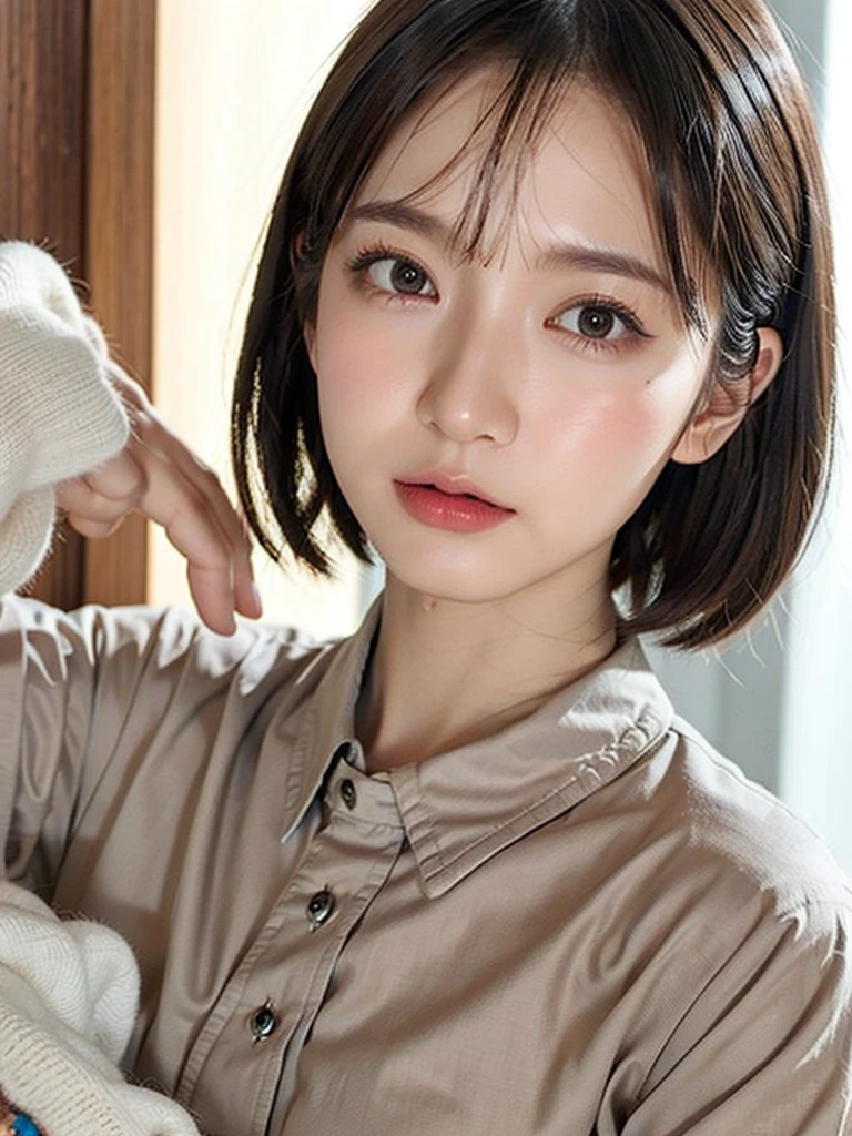 highest quality、masterpiece、ultra high resolution、8K、(real:1.4)、Beautiful woman１、Beautiful details of eyes and skin、light brown short cut hair、Among modern skyscrapers、Asahi、Multicolored dress shirt、cowboy shot、
