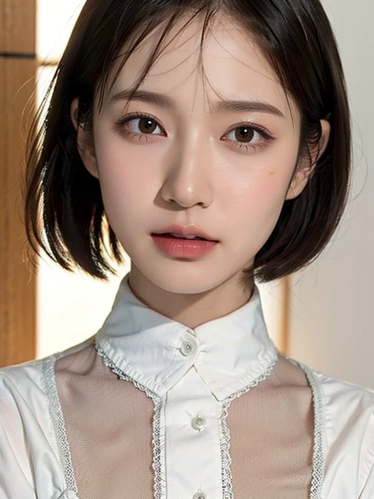 highest quality、masterpiece、ultra high resolution、8K、(real:1.4)、Beautiful woman1、Beautiful details of eyes and skin、light brown short cut hair、Among modern skyscrapers、Asahi、Multicolored dress shirt、cowboy shot、