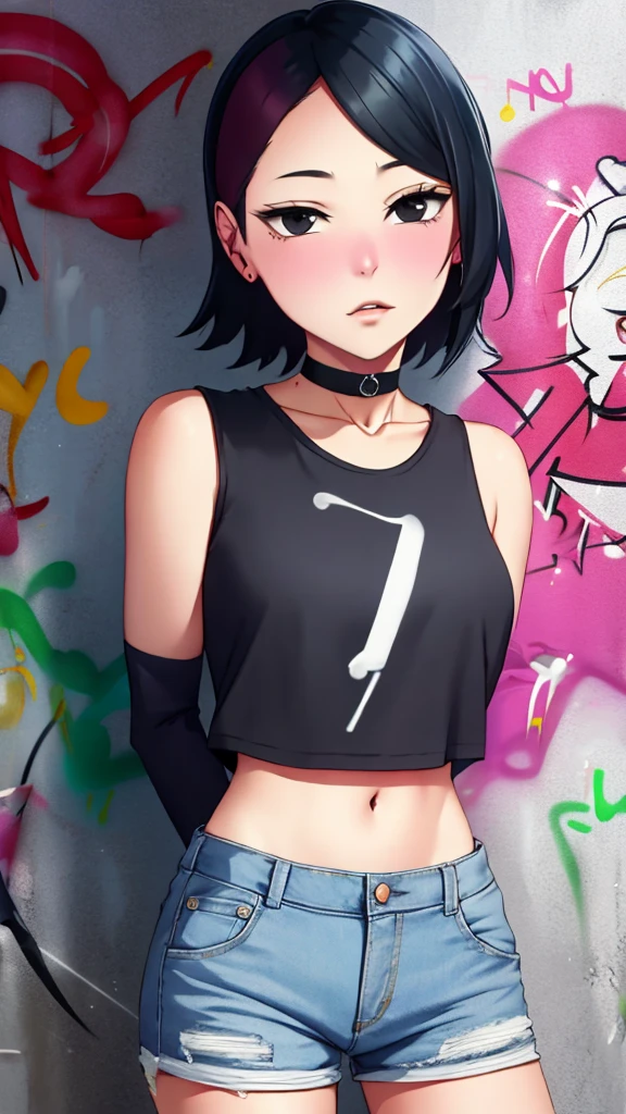 masterpiece, best quality, 1girl, solo, crop top, denim shorts, choker, (graffiti:1.5), arms behind back, against wall, looking at viewer, armband, thigh strap, head tilt, bored, black hair, Black eyes, headset, Sarada Uchiha.