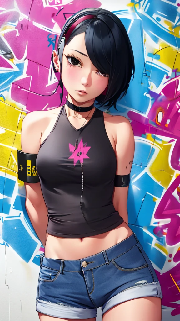 masterpiece, best quality, 1girl, solo, crop top, denim shorts, choker, (graffiti:1.5), arms behind back, against wall, looking at viewer, armband, thigh strap, head tilt, bored, black hair, Black eyes, headset, Sarada Uchiha.