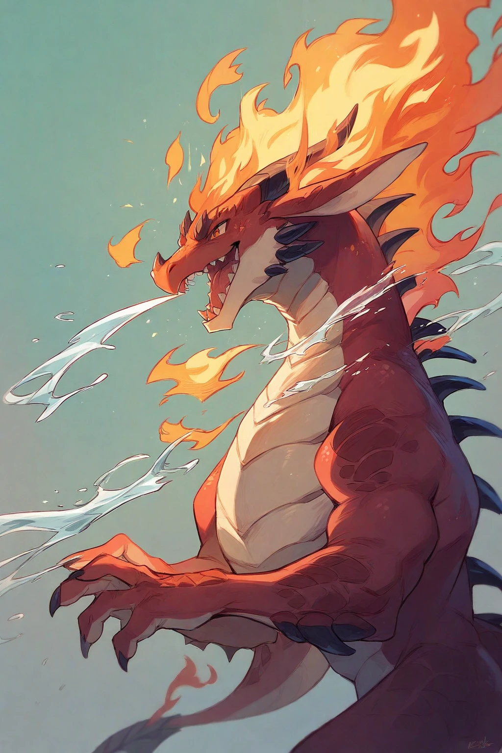 Fire-breathing dragon, dragon spitting fire from its mouth, splashes of fire from the dragon's mouth, realism